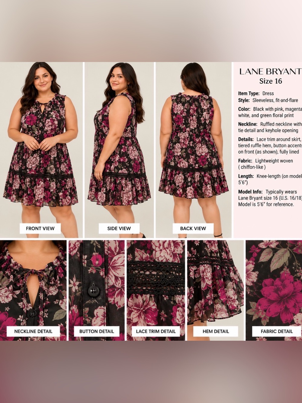 Lane Bryant Black Sleeveless Midi Dress with Pink and Cream Floral